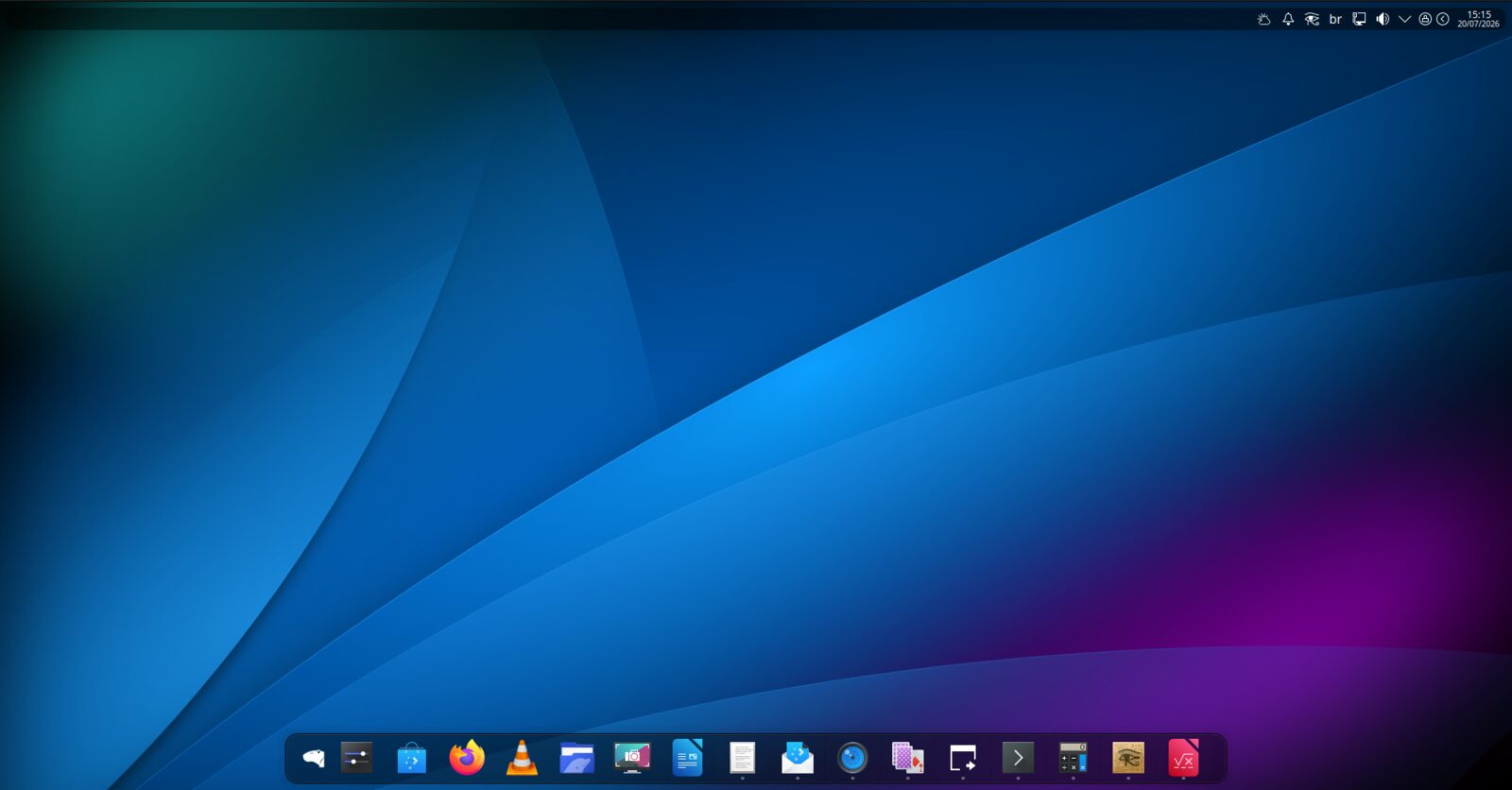 CapivaraOS Marsh desktop, with an abstract blue wallpaper, top panel and bottom dock
