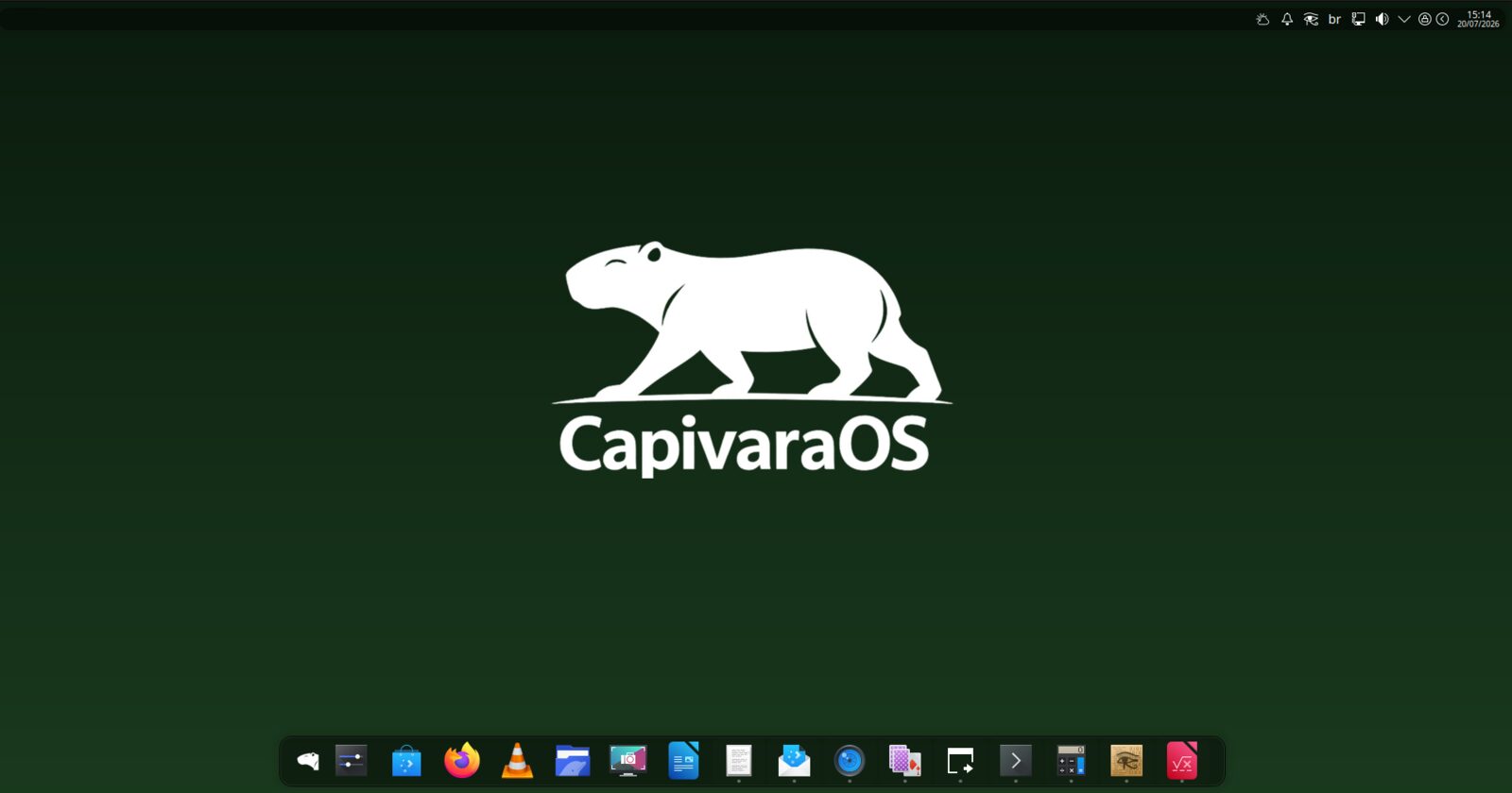 CapivaraOS Marsh desktop with the green capybara logo wallpaper