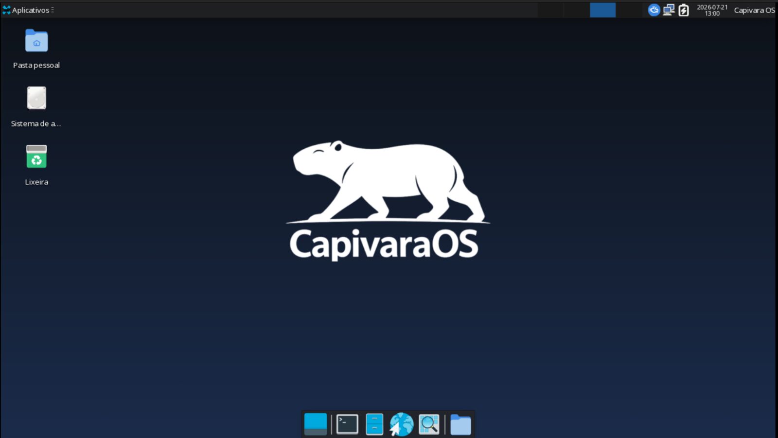 Área de trabalho do CapivaraOS Pup com papel de parede azul escuro e a logo da capivara em branco