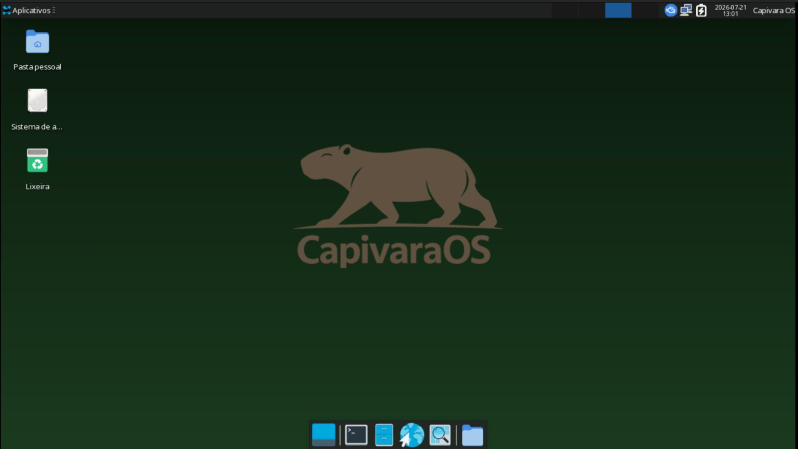 Área de trabalho do CapivaraOS Pup com papel de parede verde e a logo da capivara