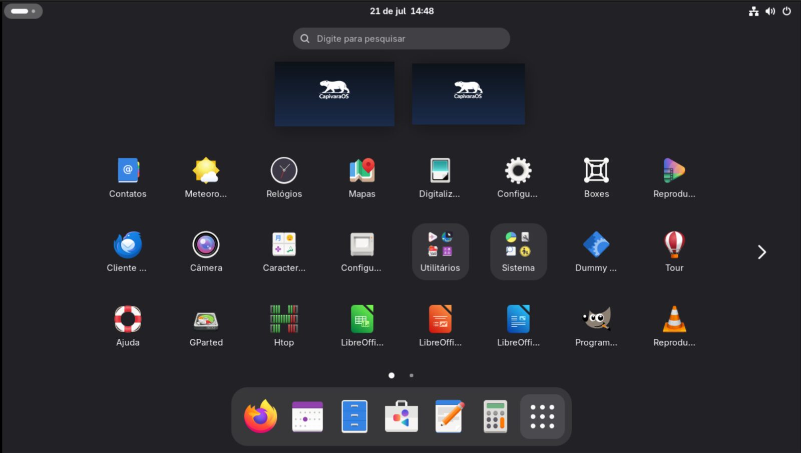 Grade de aplicativos do GNOME no CapivaraOS Snout