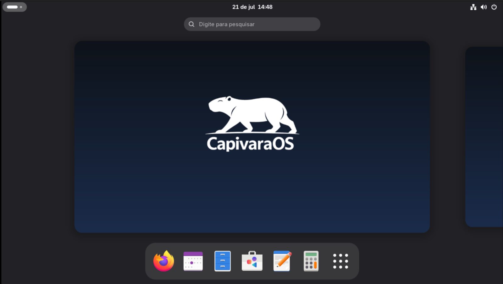 Visão de atividades do GNOME no CapivaraOS Snout, com a dock de favoritos embaixo