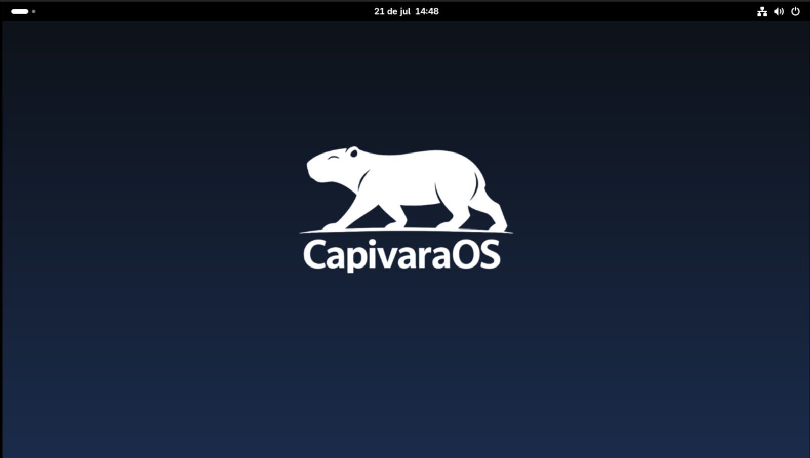 Área de trabalho do CapivaraOS Snout com papel de parede azul escuro e a logo da capivara em branco